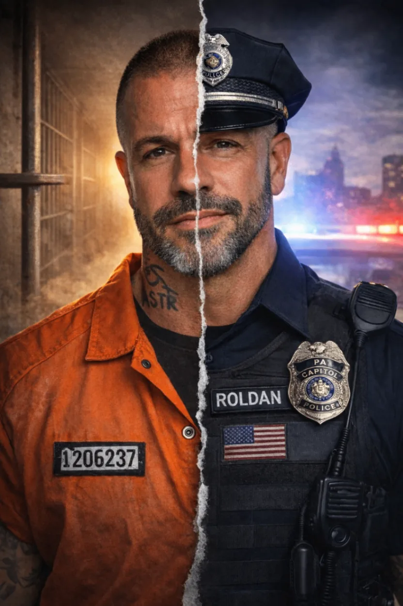 Jesse Roldan pictured between his law-enforcement past and present-day life